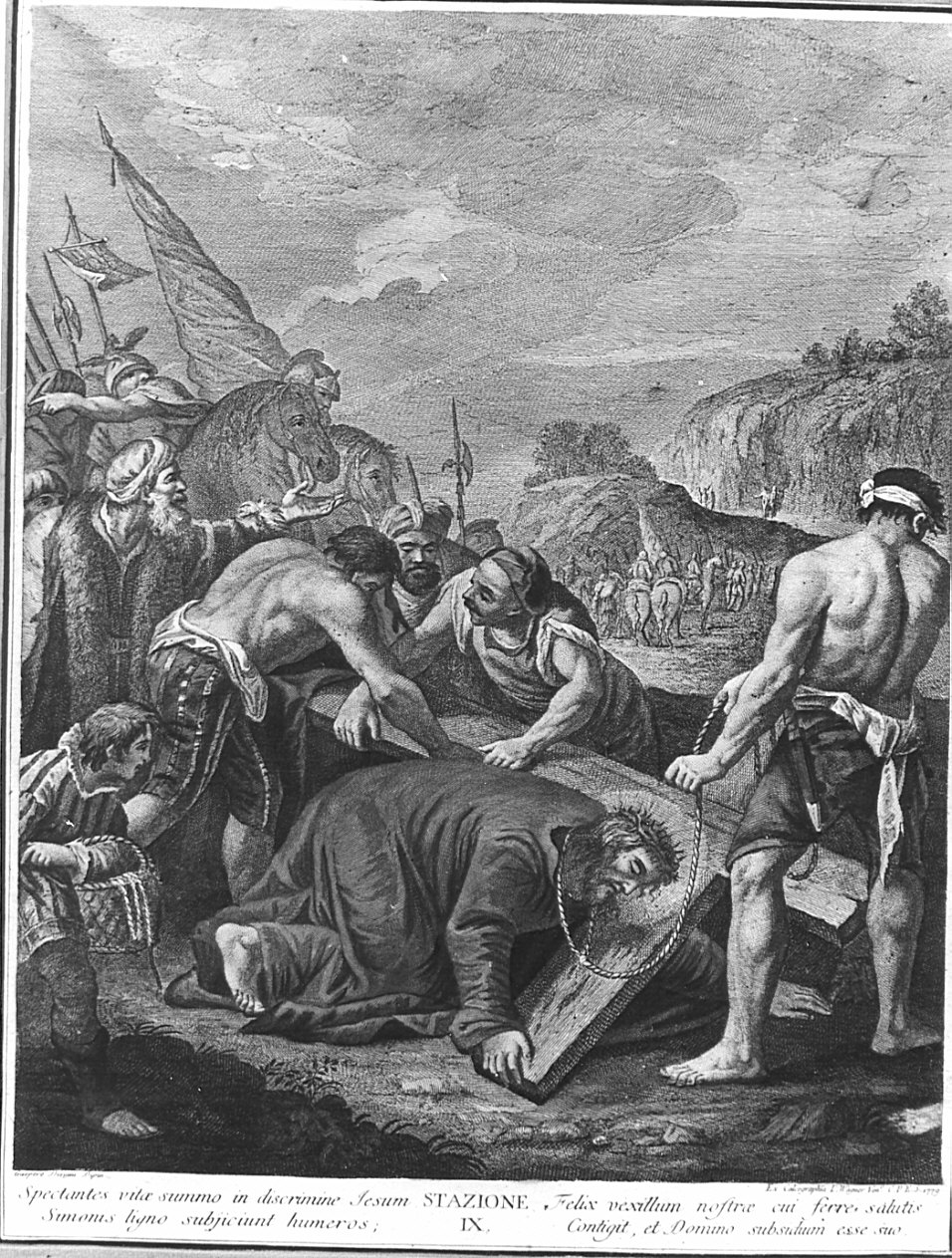 stazione IX: Gesù cade sotto la croce la terza volta (stampa, elemento d'insieme) di Berardi Fabio, Marieschi Jacopo detto Jacopo di Paolo (sec. XVIII)