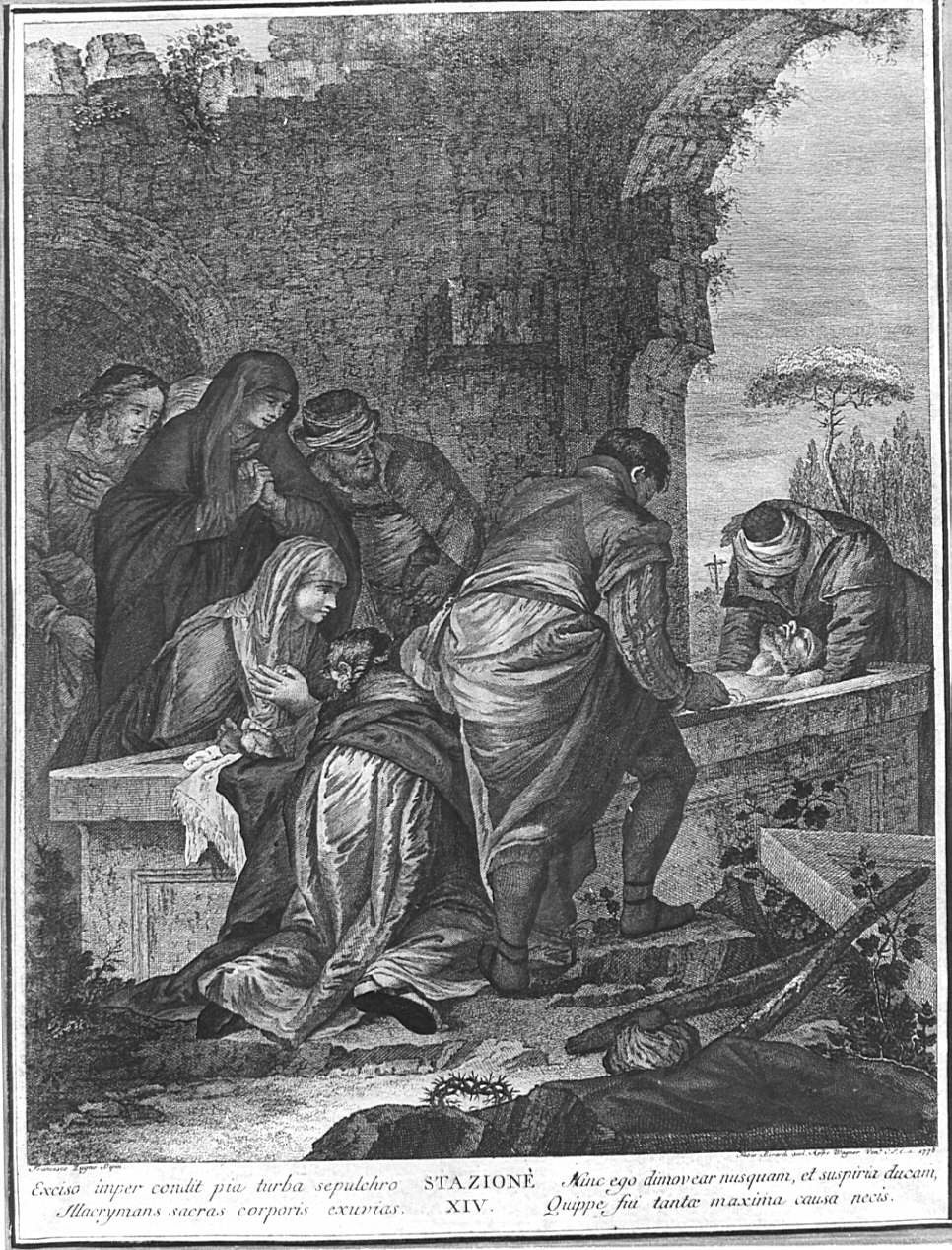 stazione XIV: Gesù deposto nel sepolcro (stampa, elemento d'insieme) di Zugno Francesco, Berardi Fabio (sec. XVIII)