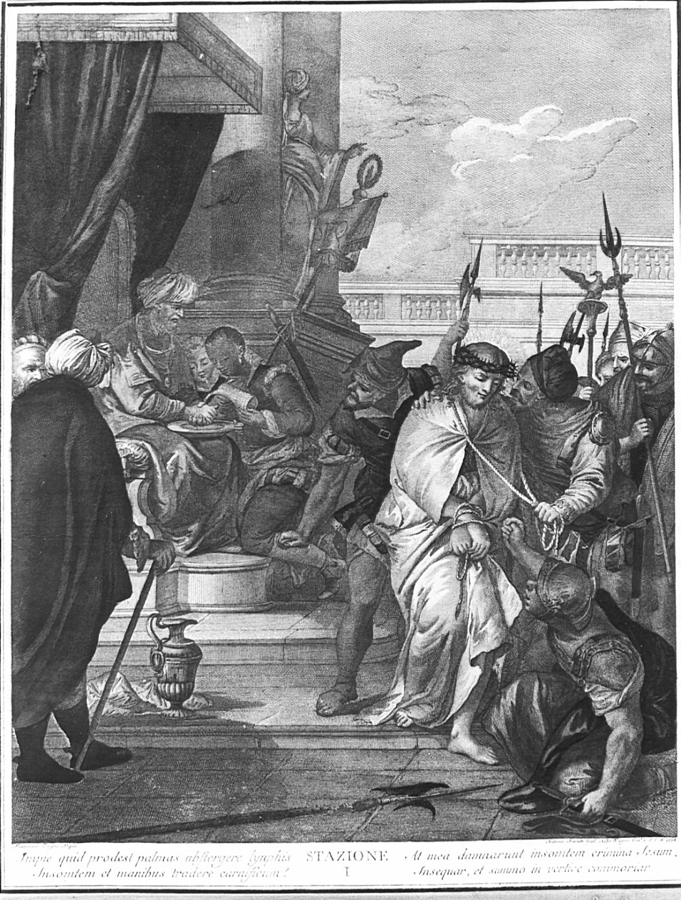 stazione I: Gesù condannato a morte (stampa, elemento d'insieme) di Zugno Francesco, Baratti Antonio (sec. XVIII)