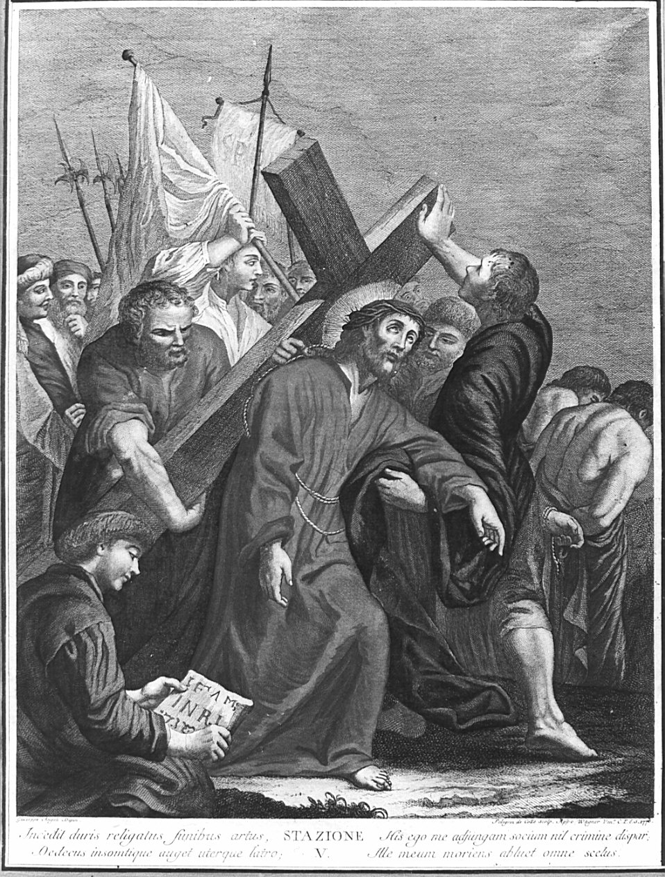 stazione V: Gesù aiutato da Simone il Cireneo a portare la croce (stampa, elemento d'insieme) di De Colle Pelegrin, Angeli Giuseppe (sec. XVIII)