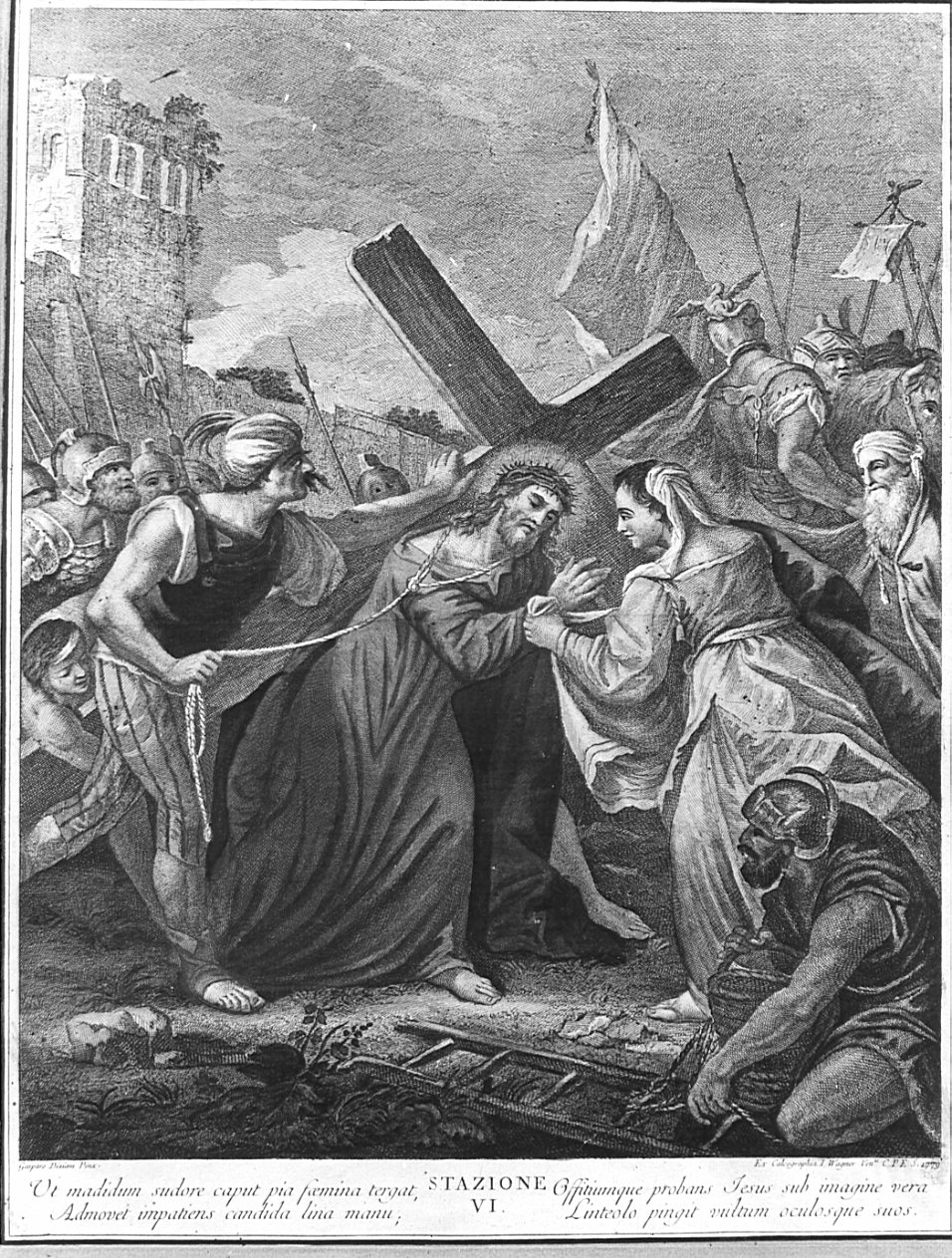 stazione VI: Gesù asciugato dalla Veronica (stampa, elemento d'insieme) di De Colle Pelegrin, Angeli Giuseppe (sec. XVIII)