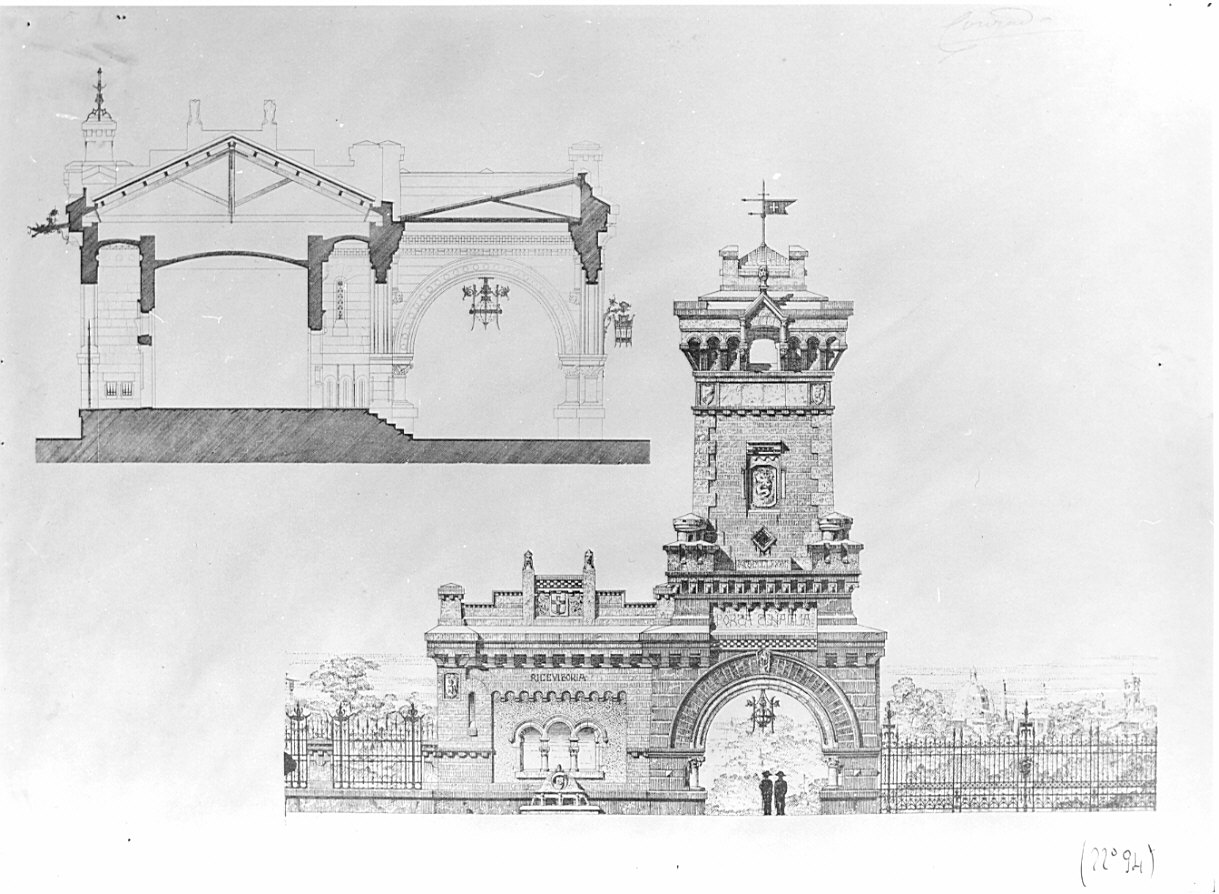 planimetria e prospetto, architettura: progetto di barriera daziaria per Porta Tenaglia a Milano (stampa) di D'Aronco Raimondo (sec. XIX)