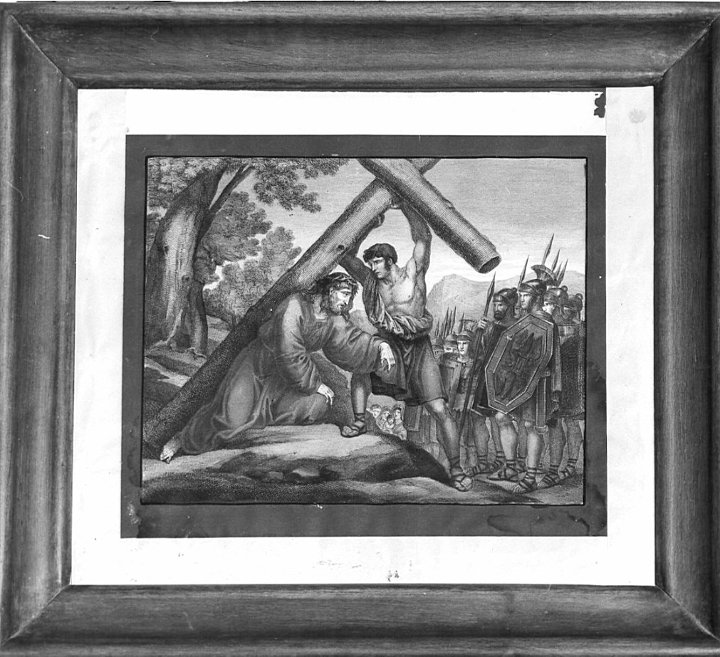 stazione V: Gesù aiutato da Simone il Cireneo a portare la croce (stampa a colori, elemento d'insieme) - ambito lombardo (sec. XIX)