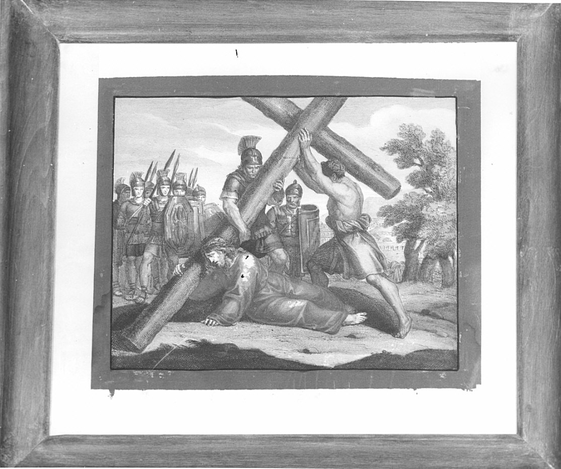 stazione VII: Gesù cade sotto la croce la seconda volta (stampa a colori, elemento d'insieme) - ambito lombardo (sec. XIX)