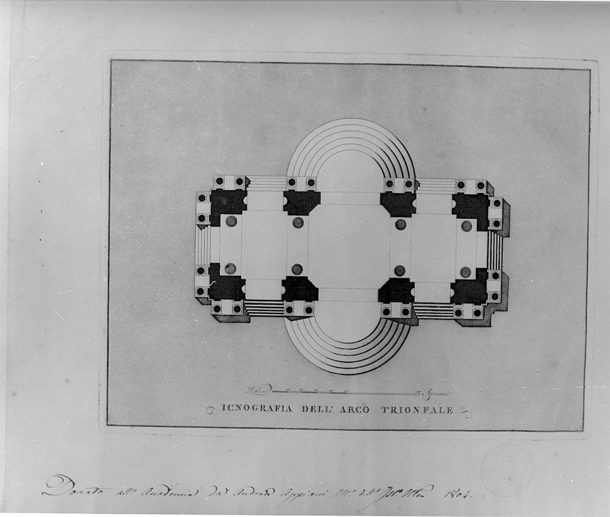 pianta, architettura: progetto per arco trionfale (stampa) di Camporese Giuseppe (sec. XIX)
