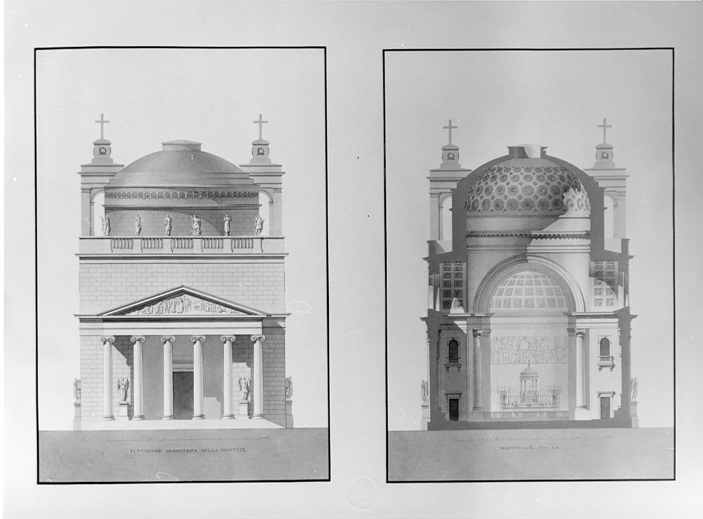 prospetto e sezione, architettura: progetto per chiesa di S. Antonio Nuovo a Trieste (stampa) di Nobile Pietro (sec. XIX)
