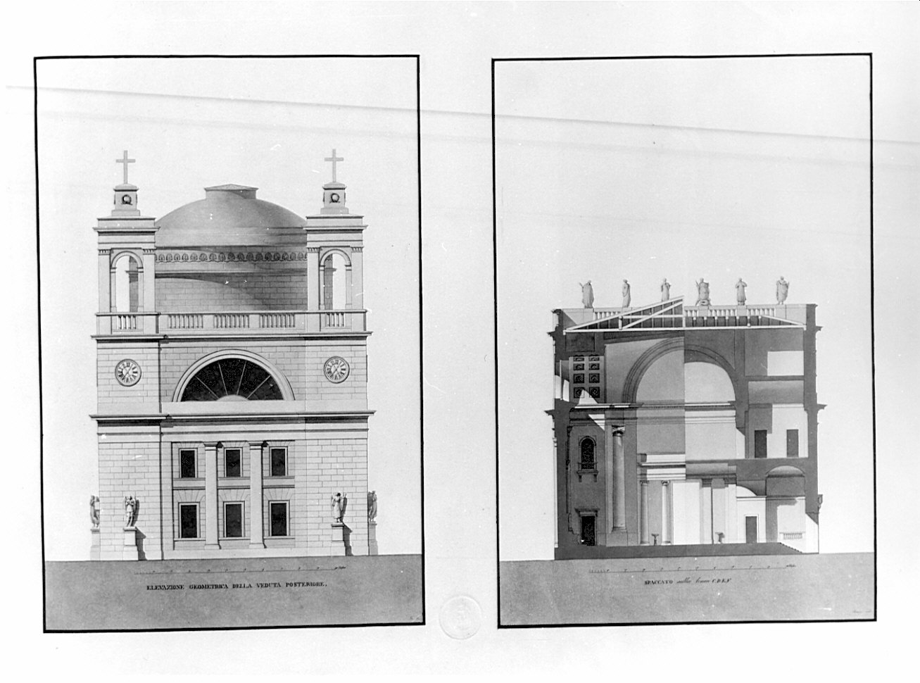 prospetto e sezione, architettura: progetto per chiesa di S. Antonio Nuovo a Trieste (stampa) di Nobile Pietro (sec. XIX)