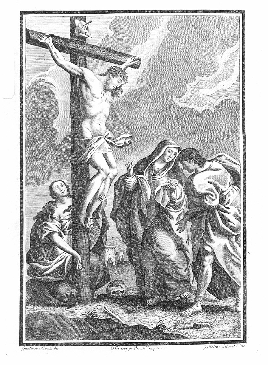 crocifissione di Cristo con la Madonna e Santa Maria Maddalena (stampa) di Albasi Gaetano, Peroni Giuseppe, Silvestri Guglielmo (sec. XVIII)
