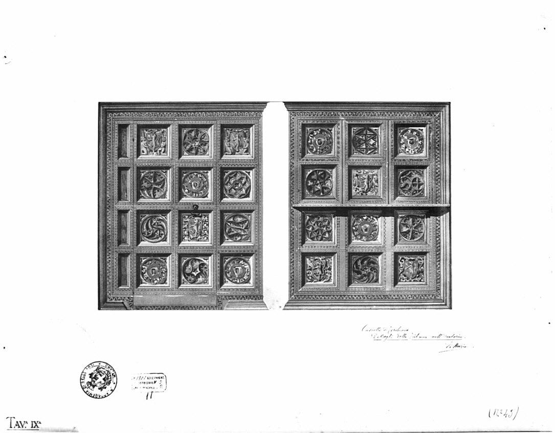 prospetti della tribuna, architettura: rilievo e studio di restauro del castello di Torchiara (stampa) di Muzio Virginio (fine sec. XIX)