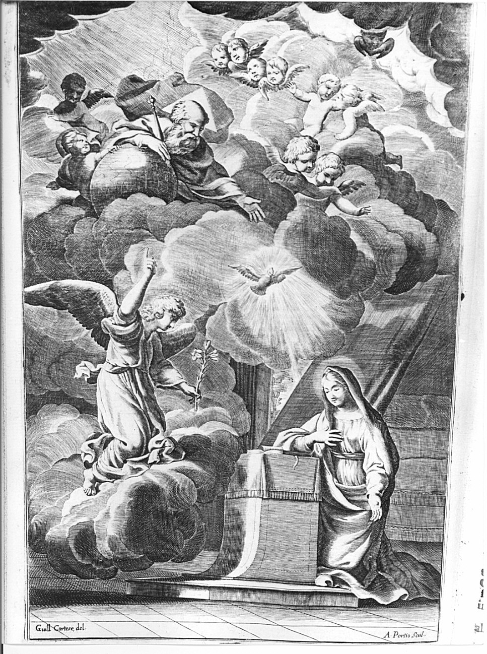 Annunciazione (stampa, elemento d'insieme) di Courtois Guillaume detto Borgognone (sec. XVII)