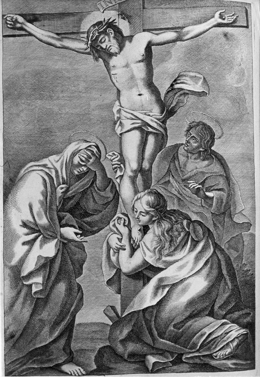 crocifissione di Cristo con la Madonna e Santa Maria Maddalena (stampa) - ambito italiano (sec. XIX)