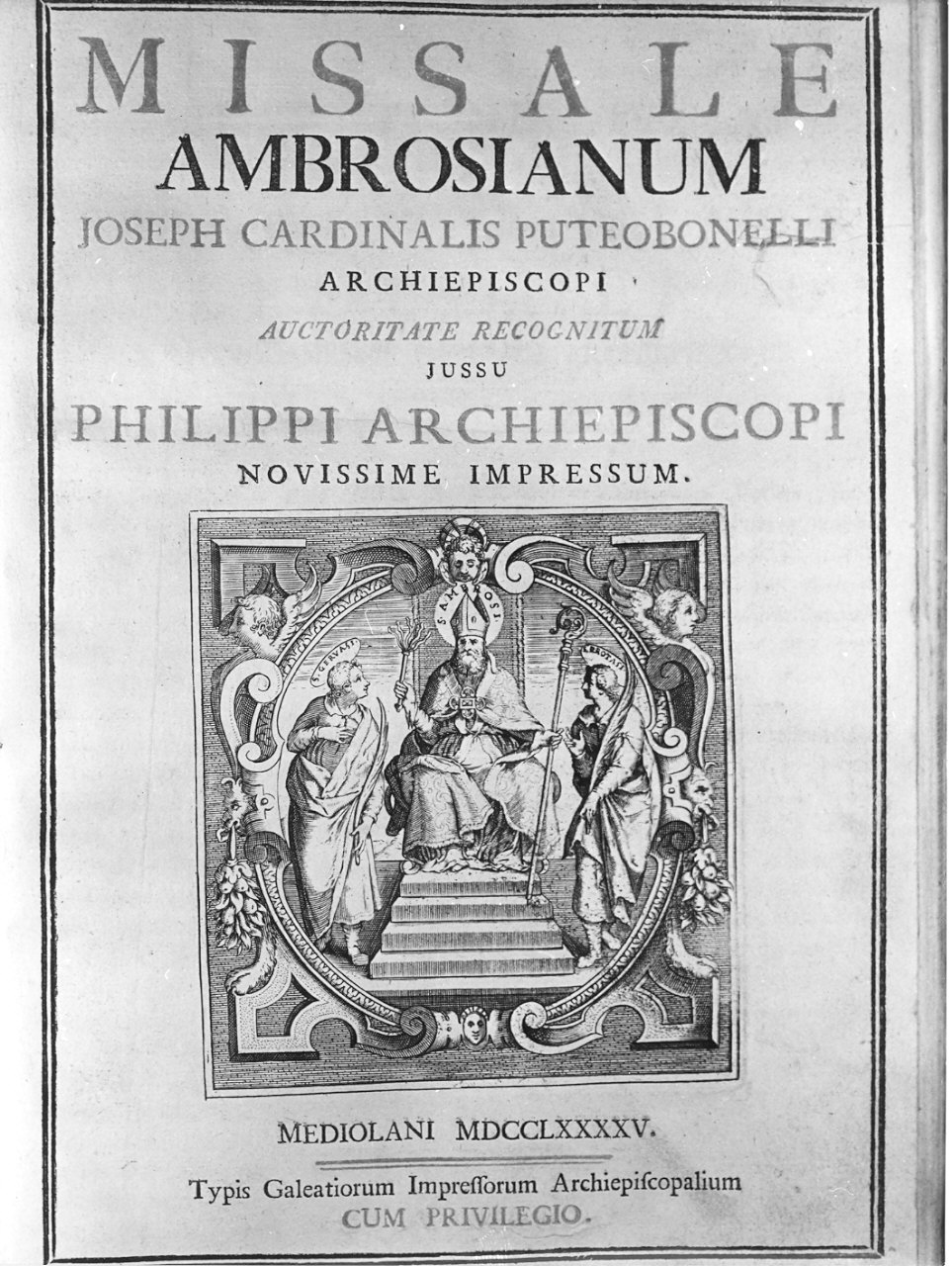 Sant'Ambrogio introno con i Santi Gervasio e Protasio (stampa) di Gilardi Pietro, Bianchi Gaetano (sec. XVIII)