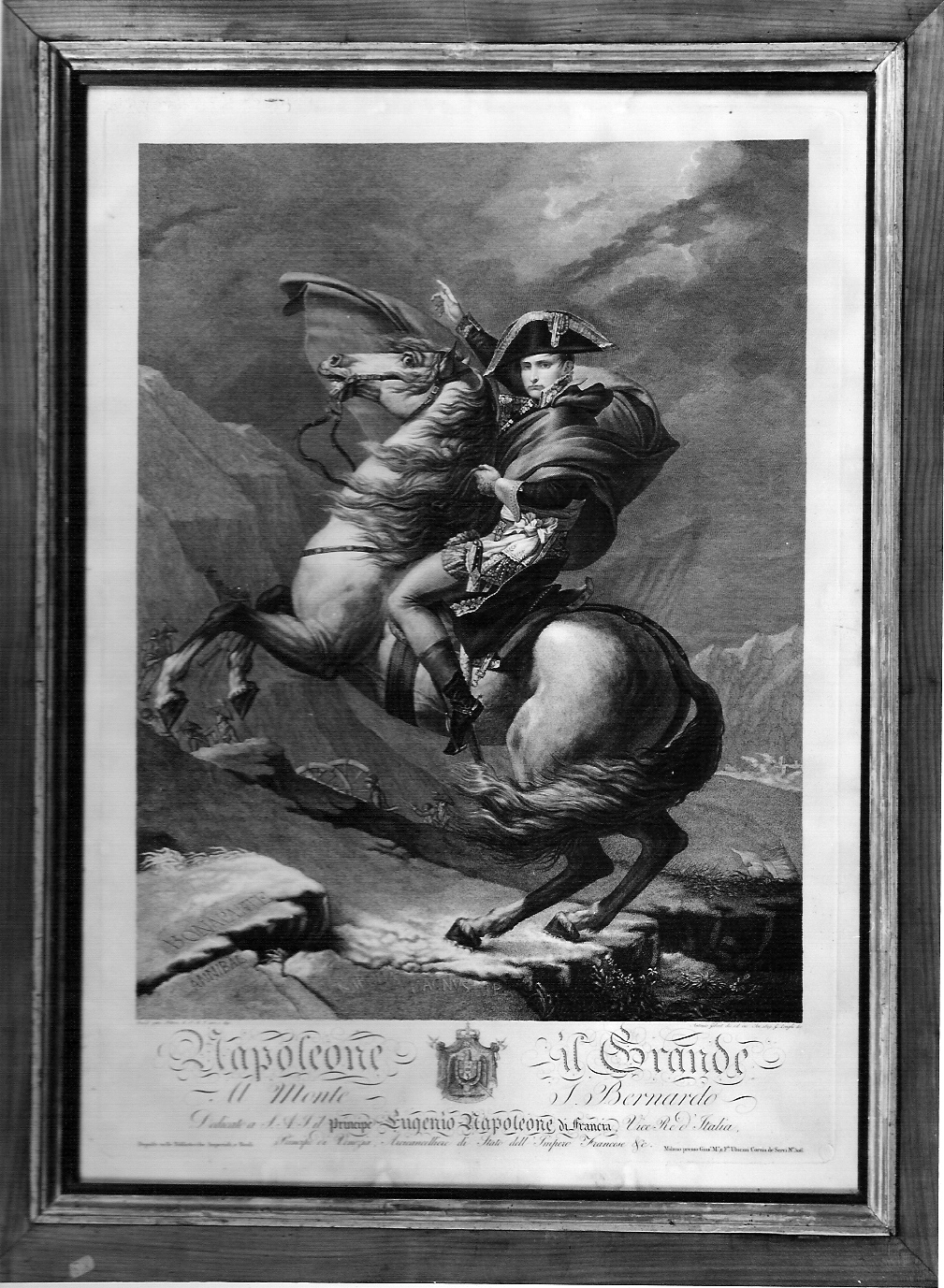 Napoleone il Grande al Monte S.Bernardo, Ritratto di Napoleone Bonaparte a cavallo (stampa) di Gibert Antonio (sec. XIX)