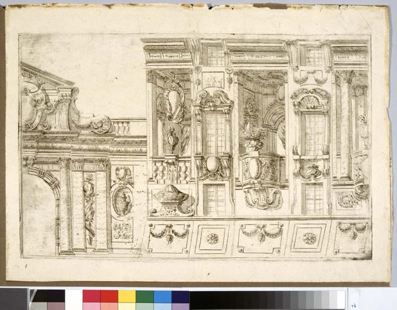 Elementi vari di decorazione architettonica (?), scenografia teatrale: architettura ideale: porta monumentale e prospetto di palazzo (stampa, serie) di Galli Ferdinando detto Bibiena, Buffagnotti Carlo Antonio (sec. XVIII)