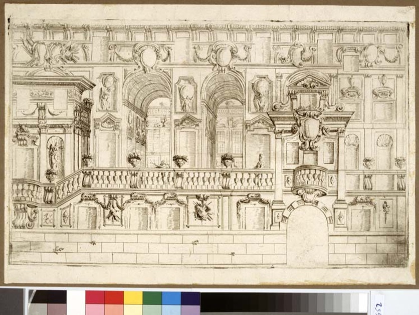 Elementi architettonici con balaustrata, scenografia teatrale: architettura ideale: prospetto di palazzo con balaustrata (stampa, serie) di Galli Ferdinando detto Bibiena, Buffagnotti Carlo Antonio (sec. XVIII)