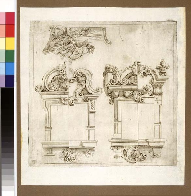 Cornici e fastigi di finestre e capitello, scenografia teatrale: architettura ideale: particolari architettonici (stampa, serie) di Galli Ferdinando detto Bibiena, Buffagnotti Carlo Antonio (sec. XVIII)