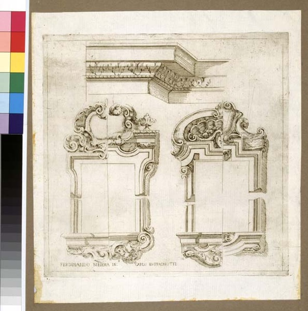 Cornici e fastigi di finestre e modanatura, scenografia teatrale: architettura ideale: particolari architettonici (stampa, serie) di Galli Ferdinando detto Bibiena, Buffagnotti Carlo Antonio (sec. XVIII)