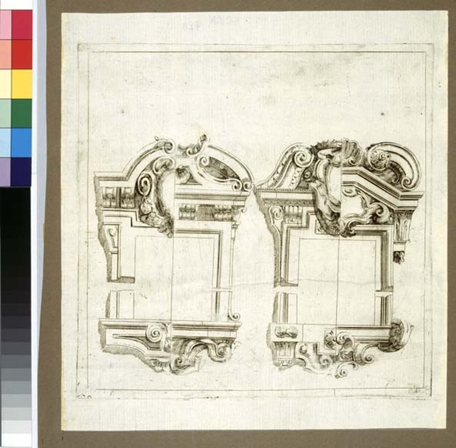 Cornici e fastigi di finestre, scenografia teatrale: architettura ideale: particolari architettonici (stampa, serie) di Galli Ferdinando detto Bibiena, Buffagnotti Carlo Antonio (sec. XVIII)