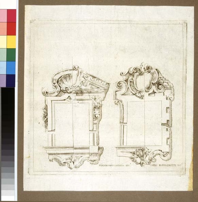 Cornici e fastigi di finestre, scenografia teatrale: architettura ideale: particolari architettonici (stampa, serie) di Galli Ferdinando detto Bibiena, Buffagnotti Carlo Antonio (sec. XVIII)