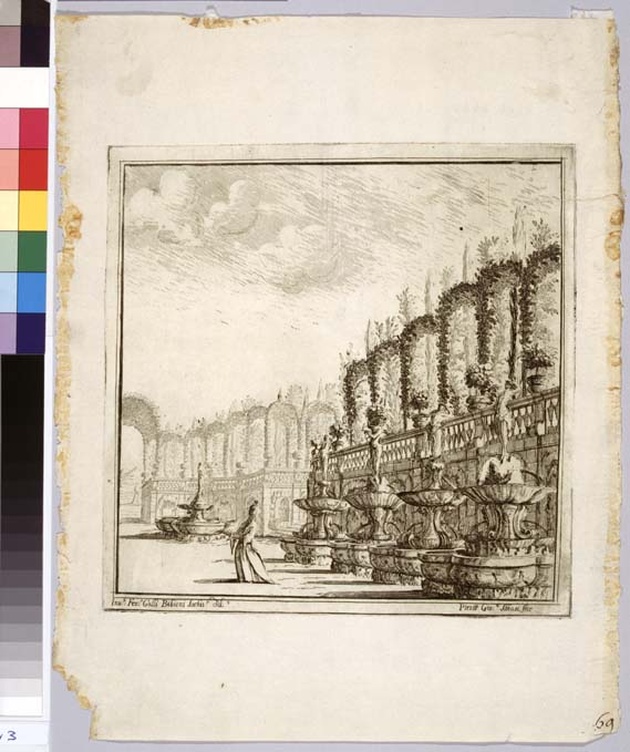 Giardino su le rive del mare (Electa: Deliziosa con spalliera), scenografia teatrale: giardino con figura femminile e fontane (stampa, serie) di Galli Ferdinando detto Bibiena, Abbati Pietro Giovanni, Buffagnotti Carlo Antonio (sec. XVIII)