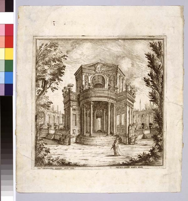 Facciata della reggia di Diana con fonti e platani (Electa: Padiglione e deliziosa), scenografia teatrale: giardino con padiglione e figura femminile (stampa, serie) di Galli Ferdinando detto Bibiena, Abbati Pietro Giovanni, Buffagnotti Carlo Antonio (sec. XVIII)