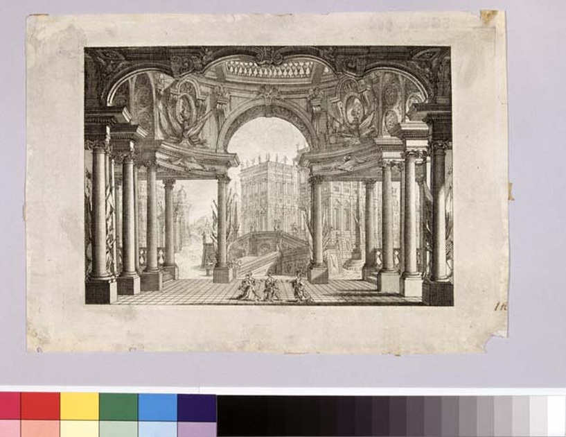 Atrio del tempio di Giove, con veduta del Campidoglio (Electa: Atrio ovale con prospettiva di palazzi), scenografia teatrale: atrio di un tempio e Campidoglio (stampa, serie) di Galli Giovan Carlo detto Bibiena, Manelli Sante (sec. XVIII)