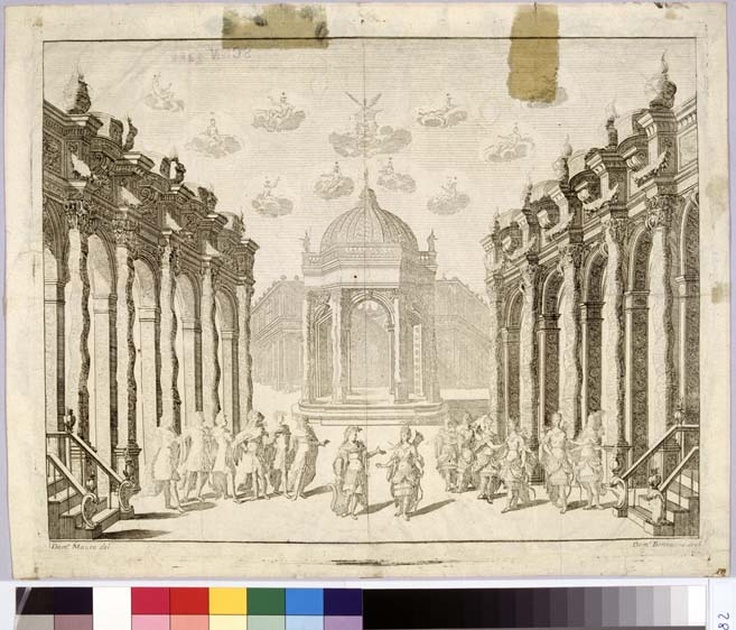 scenografie teatrali (stampa, serie) di Mauro Domenico, Bonavera Domenico, Lorenzini Giovanni Antonio, Francia Francesco Domenico Maria, Mattioli Ludovico (sec. XVII)