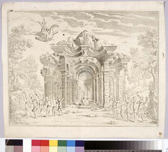 Arco trionfale con suonatori e danzatori (Electa: Terme reali), scenografia teatrale: paesaggio con architettura e musici (stampa, serie) di Mauro Domenico, Francia Francesco Domenico Maria (sec. XVII)