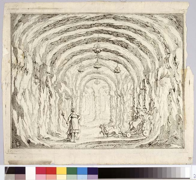 Sala ricavata da un monte (Electa: Monti cavernosi), scenografia teatrale: grotta (stampa, serie) di Mauro Domenico, Mattioli Ludovico (sec. XVII)
