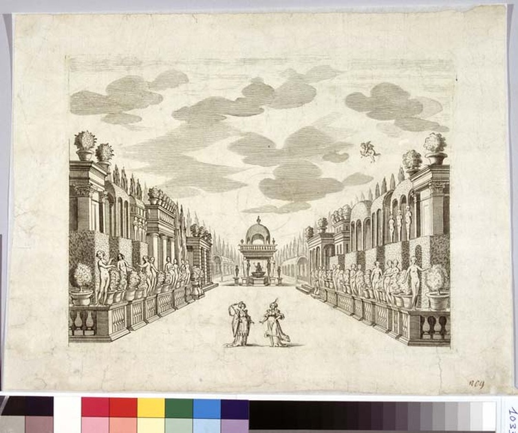 Dilettoso giardino nella reggia di Ariobate, scenografia teatrale: giardino (stampa, serie) di Torelli Giacomo, Giorgi Giuseppe (seconda metà sec. XVIII)