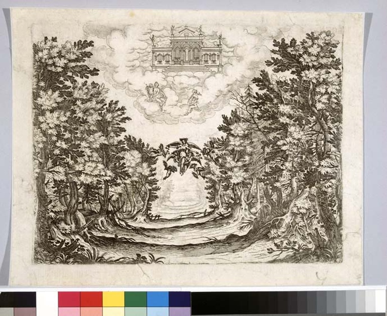 Boschereccia, scenografia teatrale: bosco (stampa, serie) di Torelli Giacomo - ambito emiliano (?) (sec. XVIII)