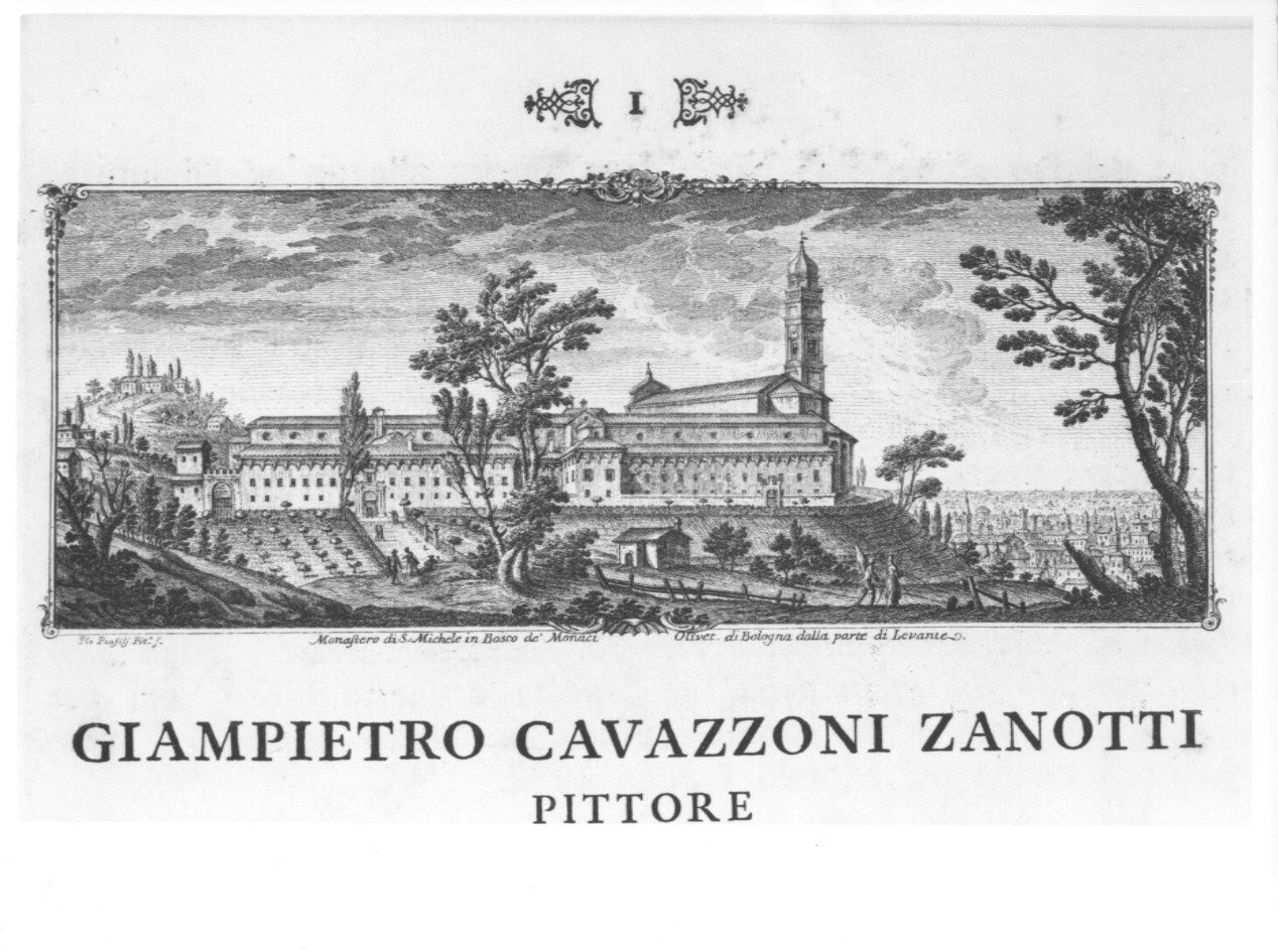 Monastero di S. Michele in Bosco de' Monaci Olivet. di Bologna dalla parte di Levante, veduta del chiostro di San Michele in Bosco a Bologna (stampa, serie) di Panfili Pio, Zanotti Cavazzoni Giampietro (sec. XVIII)