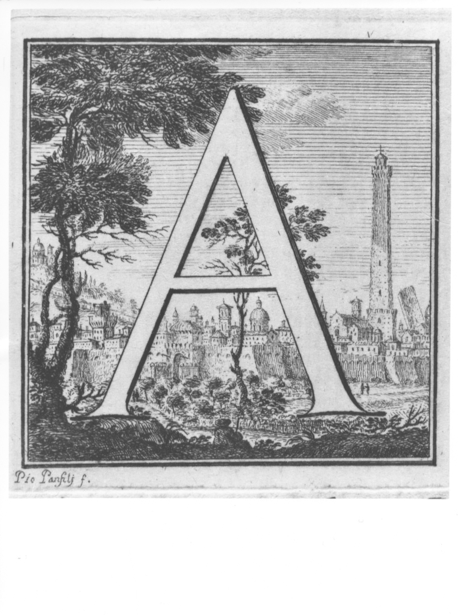 elemento decorativo (lettera A) e paesaggio con architetture (stampa, serie) di Panfili Pio, Zanotti Cavazzoni Giampietro (sec. XVIII)