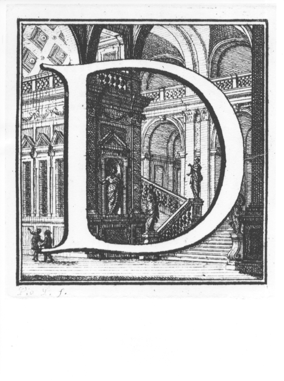 elemento decorativo (lettera D) con interno di palazzo (stampa, serie) di Panfili Pio, Zanotti Cavazzoni Giampietro (sec. XVIII)