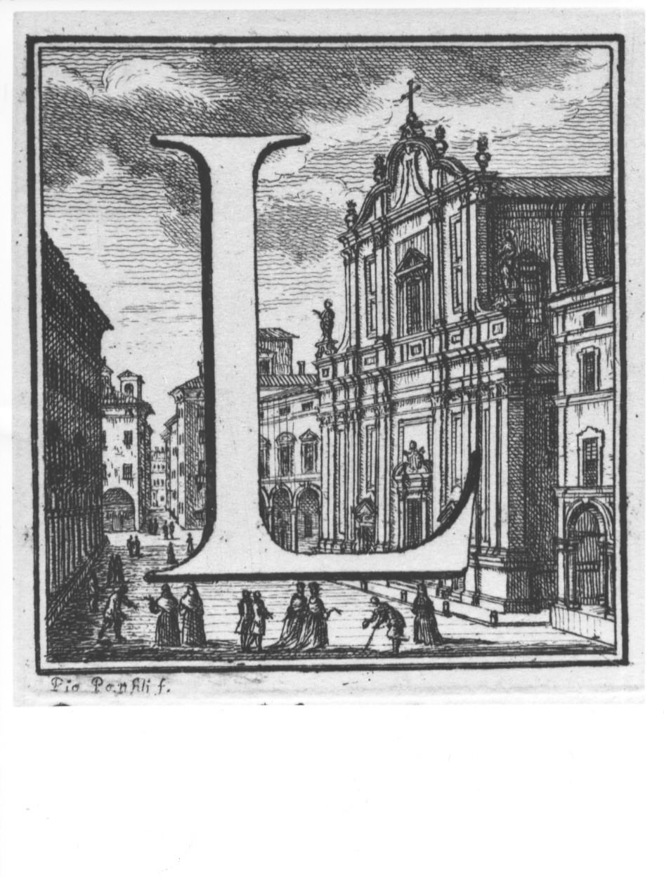 elemento decorativo (lettera L) e veduta di città (stampa, serie) di Panfili Pio, Zanotti Cavazzoni Giampietro (sec. XVIII)