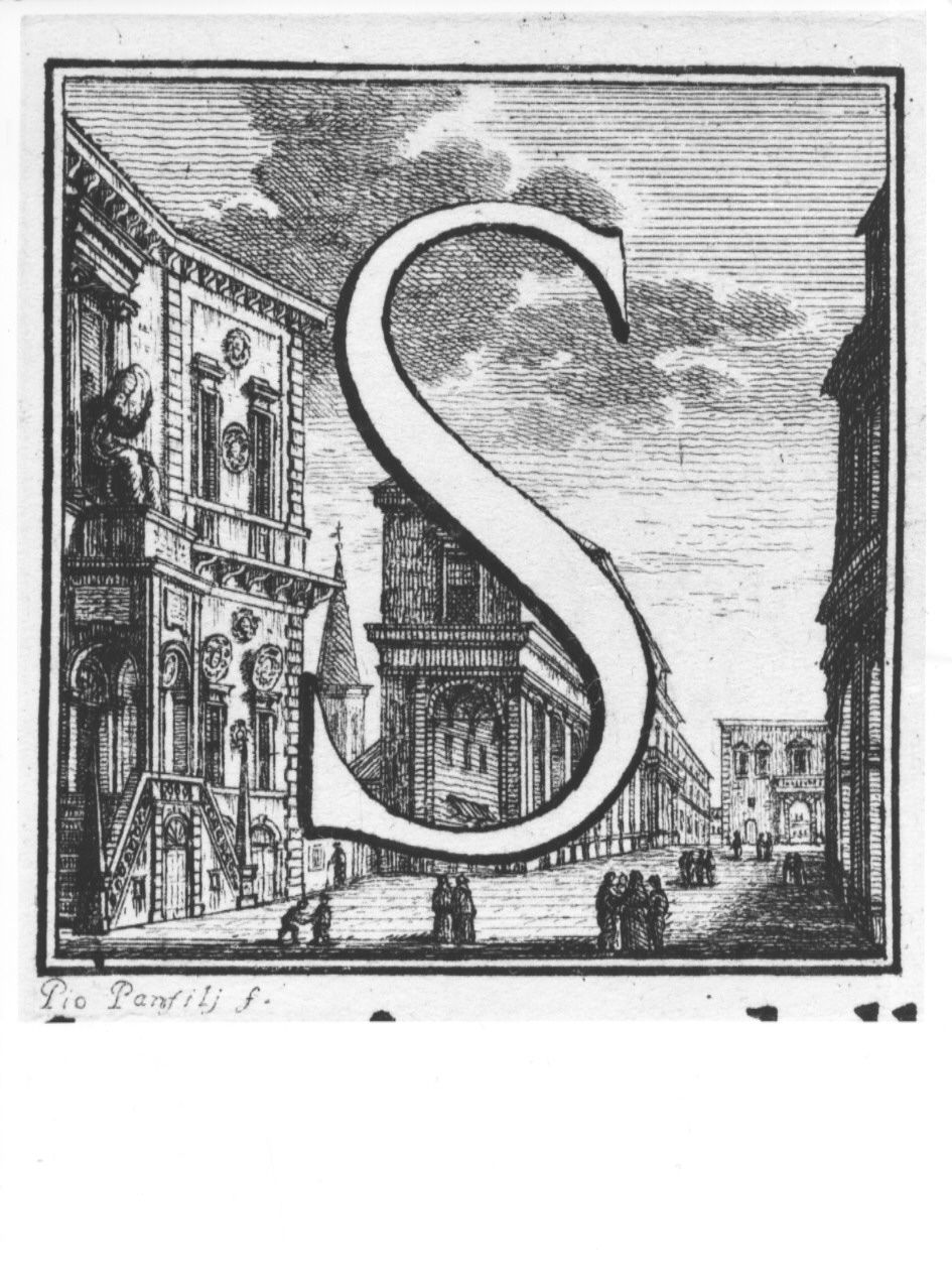 elemento decorativo (lettera S) e veduta di città (stampa, serie) di Zanotti Cavazzoni Giampietro (sec. XVIII)