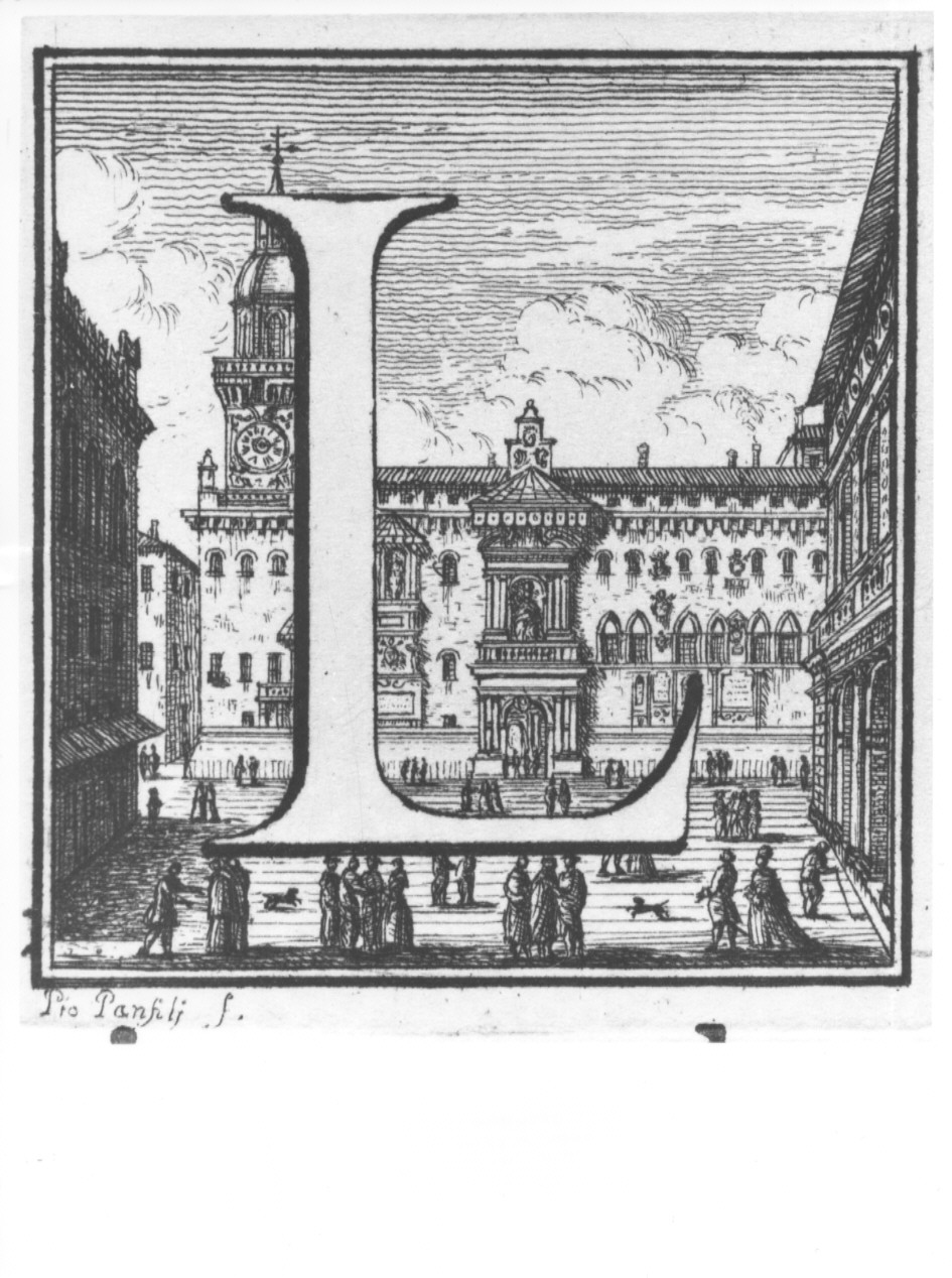 elemento decorativo (lettera L) e veduta di città (stampa, serie) di Panfili Pio, Zanotti Cavazzoni Giampietro (sec. XVIII)