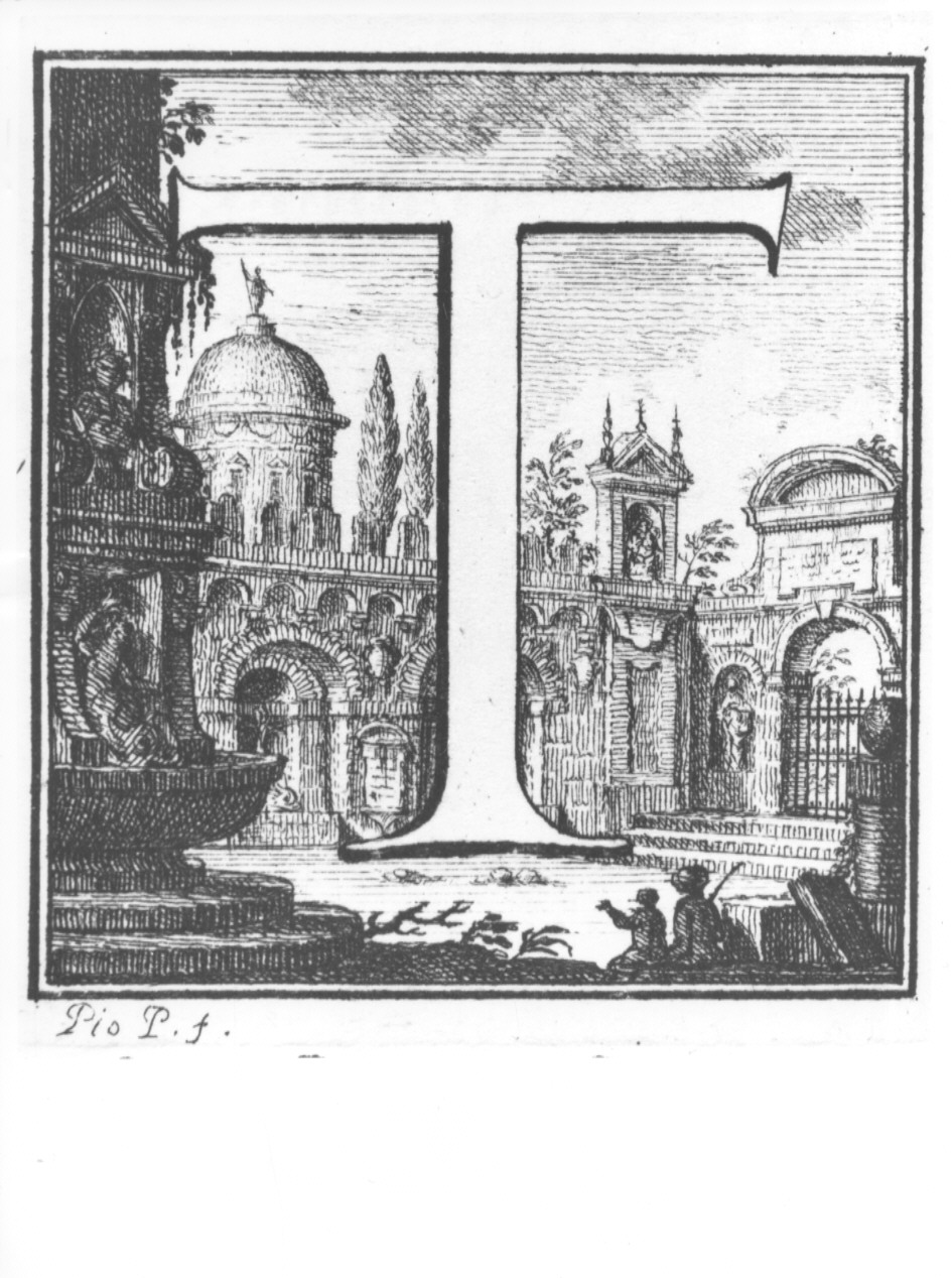 elemento decorativo (lettera T) e veduta di città (stampa, serie) di Panfili Pio, Zanotti Cavazzoni Giampietro (sec. XVIII)