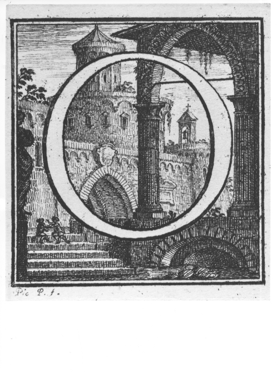 elemento decorativo (lettera O) e veduta di città (stampa, serie) di Panfili Pio, Zanotti Cavazzoni Giampietro (sec. XVIII)