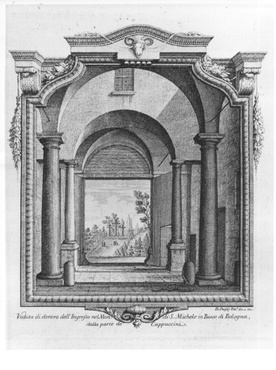 Veduta di dentro dell'Ingreso nel Mon. di S. Michele in Bosco in Bologna, dalla parte de' Cappuccini, veduta del chiostro di San Michele in Bosco a Bologna (stampa, serie) di Panfili Pio, Zanotti Cavazzoni Giampietro (sec. XVIII)