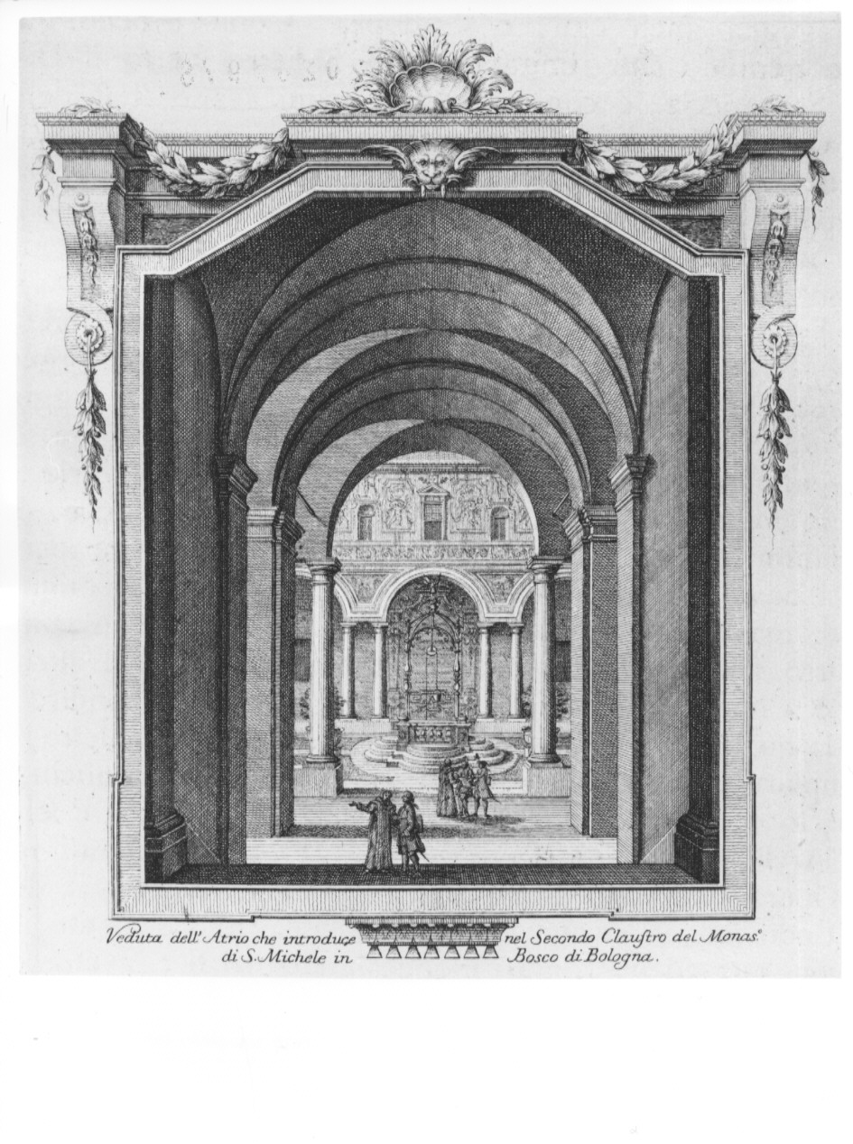 veduta dell'atrio del chiostro di San Michele in Bosco a Bologna (stampa, serie) di Panfili Pio, Zanotti Cavazzoni Giampietro (sec. XVIII)