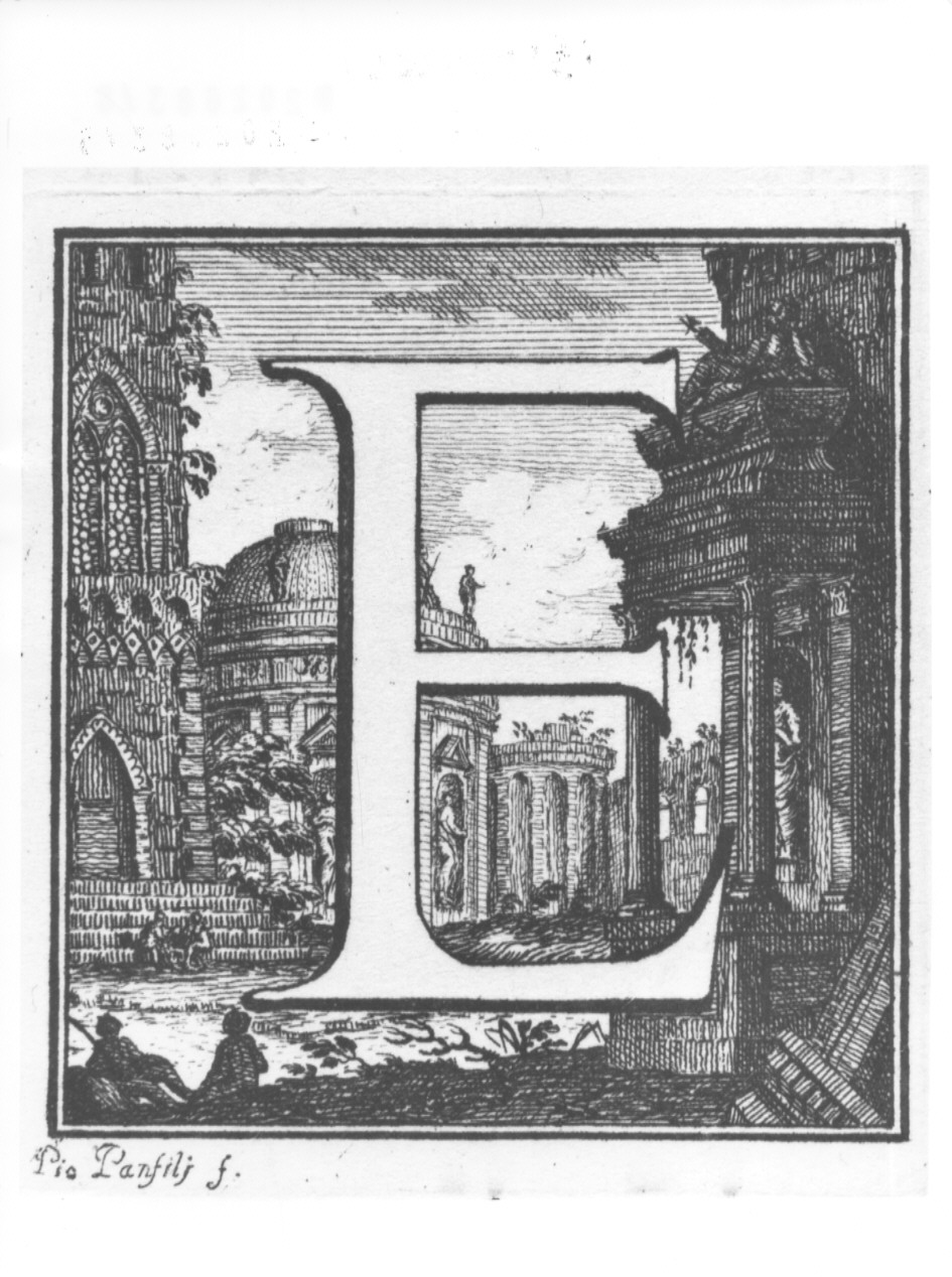 elemento decorativo (lettera E) e veduta di città (stampa, serie) di Panfili Pio, Zanotti Cavazzoni Giampietro (sec. XVIII)