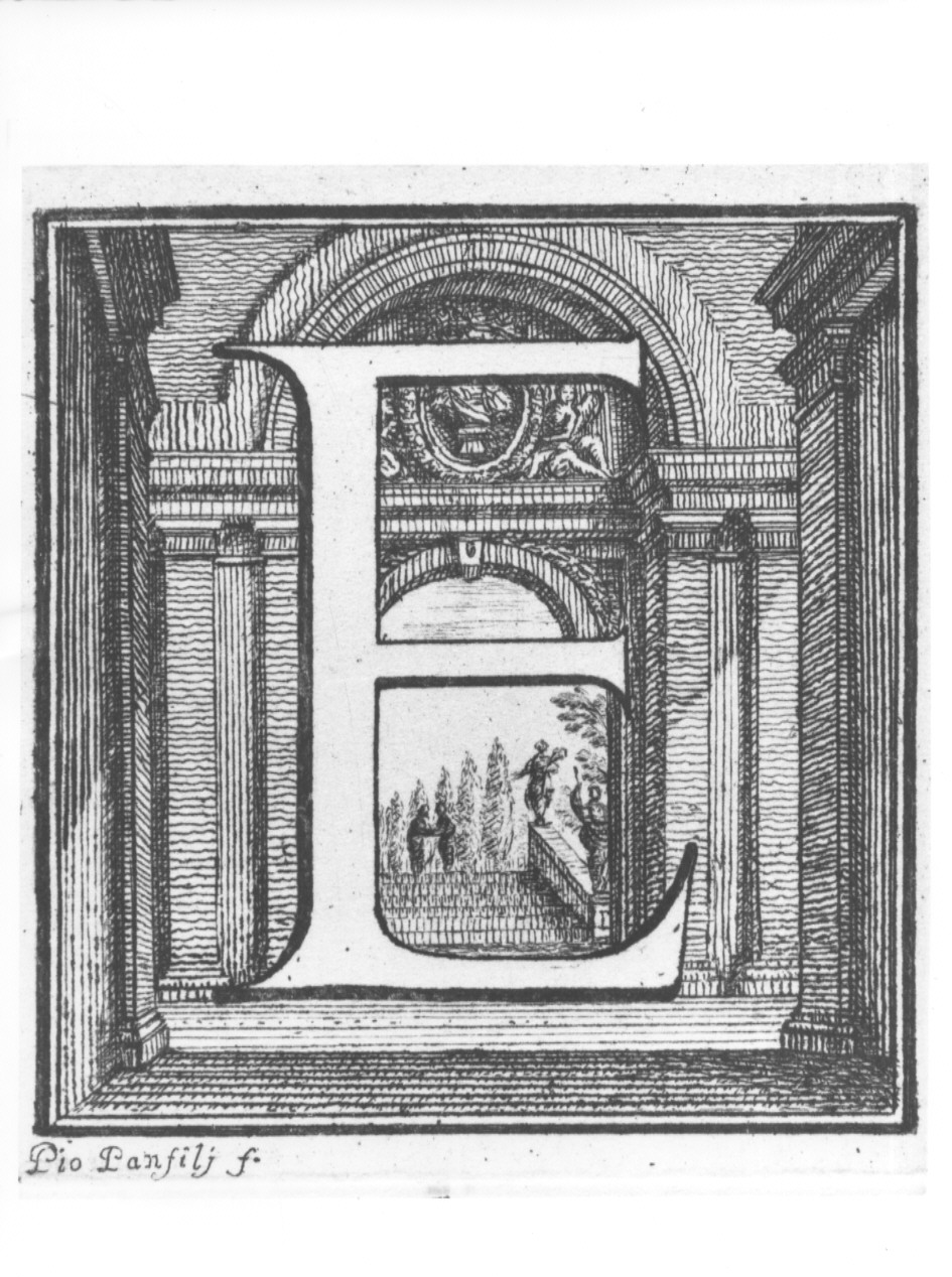 elemento decorativo (lettera E) e veduta di città (stampa, serie) di Panfili Pio, Zanotti Cavazzoni Giampietro (sec. XVIII)