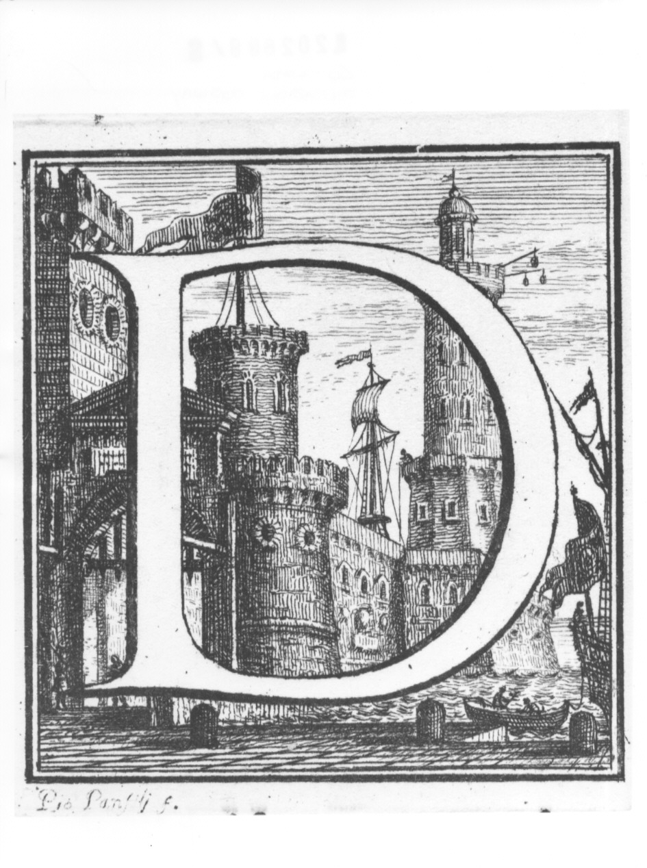elemento decorativo (lettera D) e veduta di un castello (stampa, serie) di Panfili Pio, Zanotti Cavazzoni Giampietro (sec. XVIII)