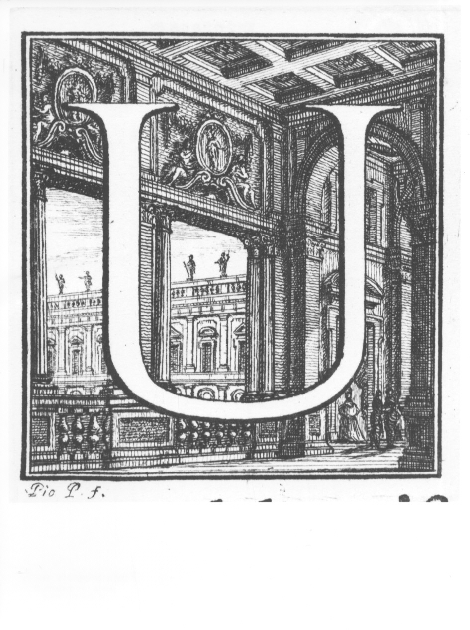 elemento decorativo (lettera U) con interno di palazzo (stampa, serie) di Panfili Pio, Zanotti Cavazzoni Giampietro (sec. XVIII)
