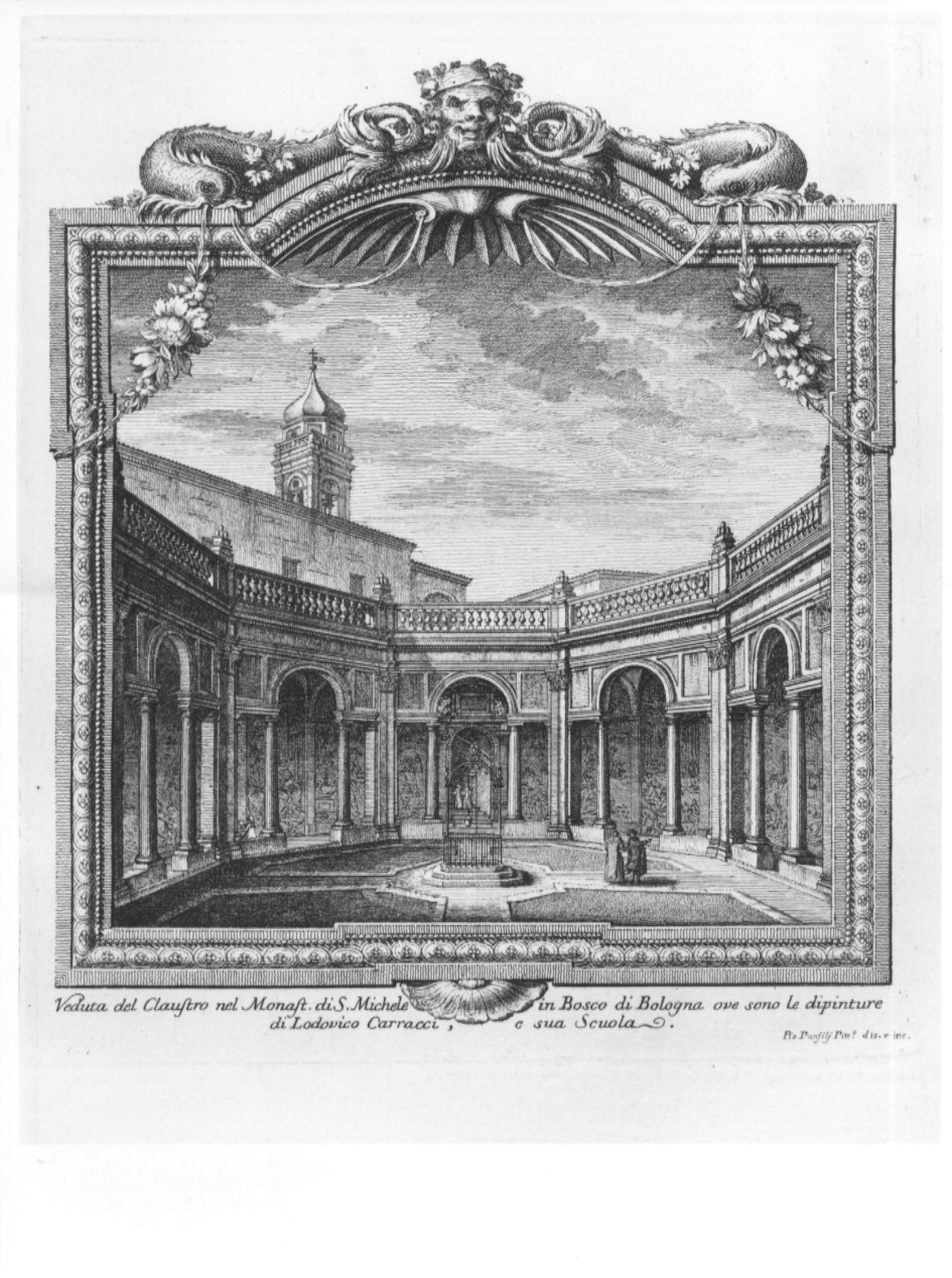 Veduta del Claustro nel Monast. di S. Michele in Bosco di Bologna ove sono le dipinture di Lodovico Carracci, e la sua Scuola, veduta del chiostro di San Michele in Bosco a Bologna (stampa, serie) di Panfili Pio, Zanotti Cavazzoni Giampietro (sec. XVIII)