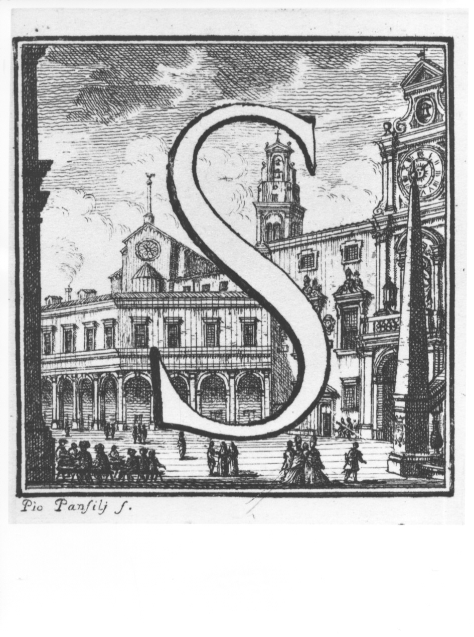 elemento decorativo (lettera S) e veduta di città (stampa, serie) di Panfili Pio, Zanotti Cavazzoni Giampietro (sec. XVIII)