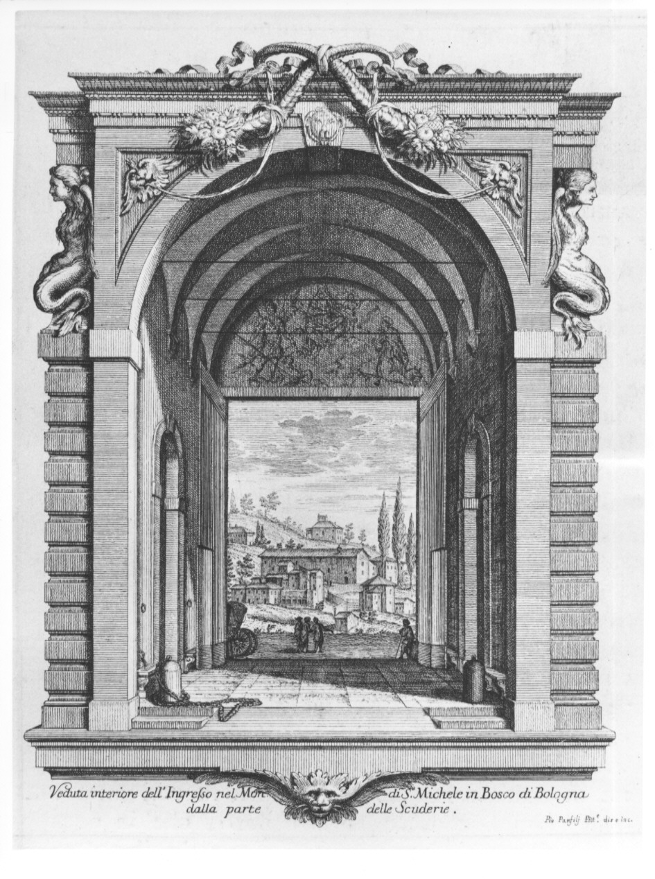 Veduta interiore dell'Ingresso nel Mon. di S. Michele in Bosco di Bologna dalla parte delle Scuderie, veduta del monastero di San Michele in Bosco a Bologna (stampa, serie) di Panfili Pio, Zanotti Cavazzoni Giampietro (sec. XVIII)
