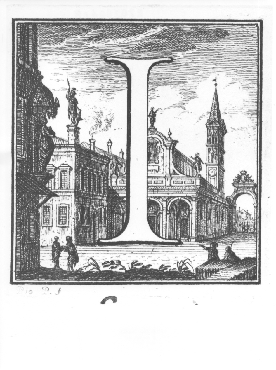 elemento decorativo (lettera I) e veduta di città (stampa, serie) di Panfili Pio, Zanotti Cavazzoni Giampietro (sec. XVIII)