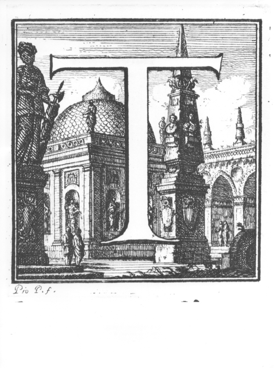 elemento decorativo (lettera T) e veduta di città (stampa, serie) di Panfili Pio, Zanotti Cavazzoni Giampietro (sec. XVIII)